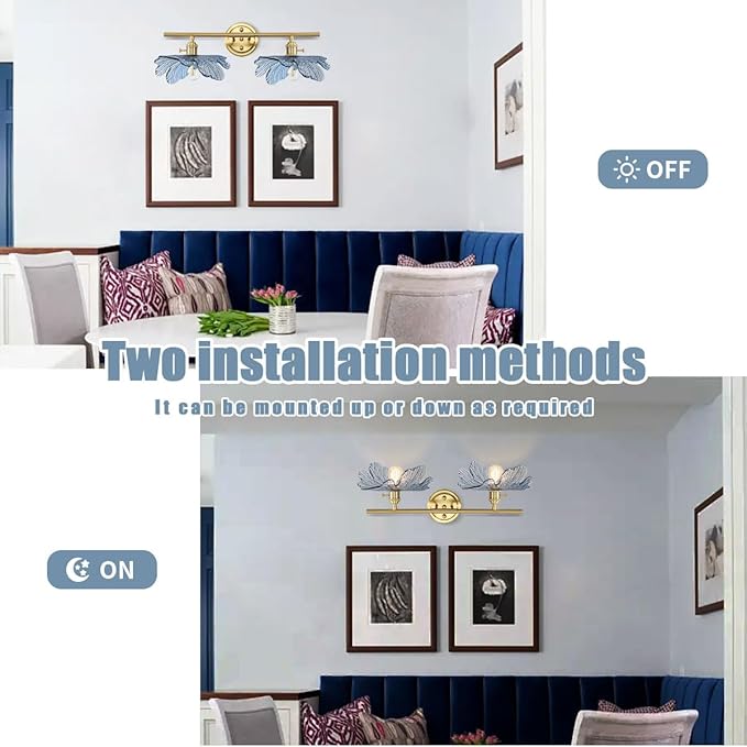 2 light bathroom vanity light gold brass wall sconce with Blue Flower Glass Shade mid century wall light vintage wall sconce art deco Bathroom Lights Over Mirror for Bedroom Hallway Living Room