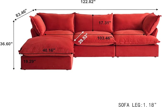 JACH L-Shaped Modular Couches, Deep Seat Sectional Couch with Chaise Ottoman, Modern Comfy Cloud Sectional Sofas, Cushion Covers Removable, Two Corners and A Middle Sofa for Living Room (Red)