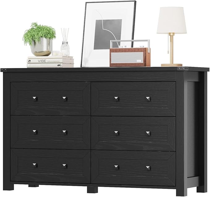 Black Dresser for Bedroom, 47.3" Modern Dresser for Closet TV Stand, 6 Drawer Wood Dressers & Chest of Drawers with Black Knobs, Wide Closet Storage Organizer for Living Room, Hallway