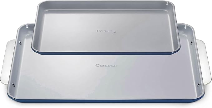 Caraway Non-Stick Ceramic Baking Sheet Duo - Naturally Slick Ceramic Coating - Non-Toxic, PTFE & PFOA Free - 18 x 13" Large & 15 x 10" Medium - Navy