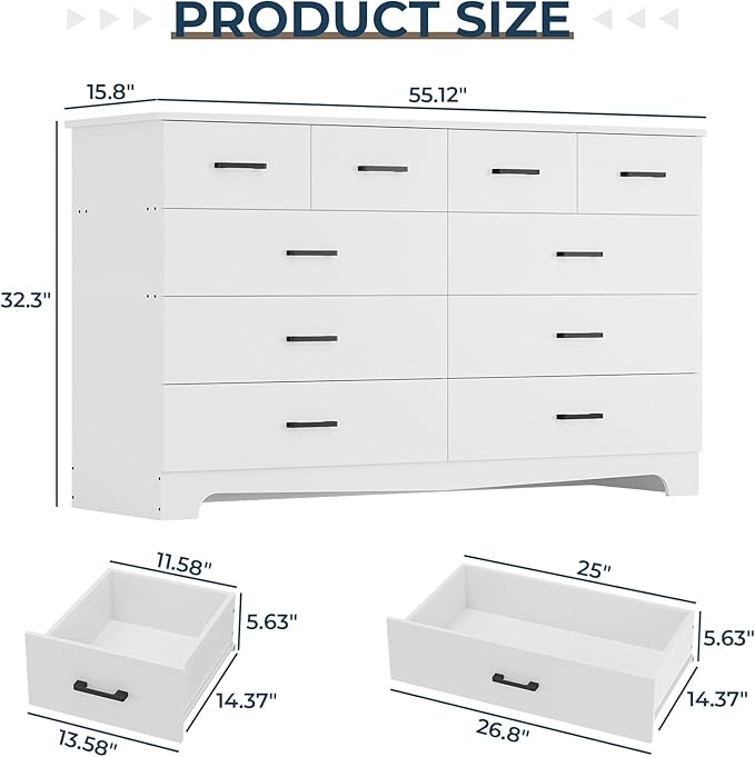 DICTAC White Dresser for Bedroom with 10 Drawers, Large Chest of Drawers Storage Organizer, Long Dresser TV Stand with Power Outlets, Wide Dressers for Bedroom, Living Room 55.1" W x 32.3" H x 15.8" D