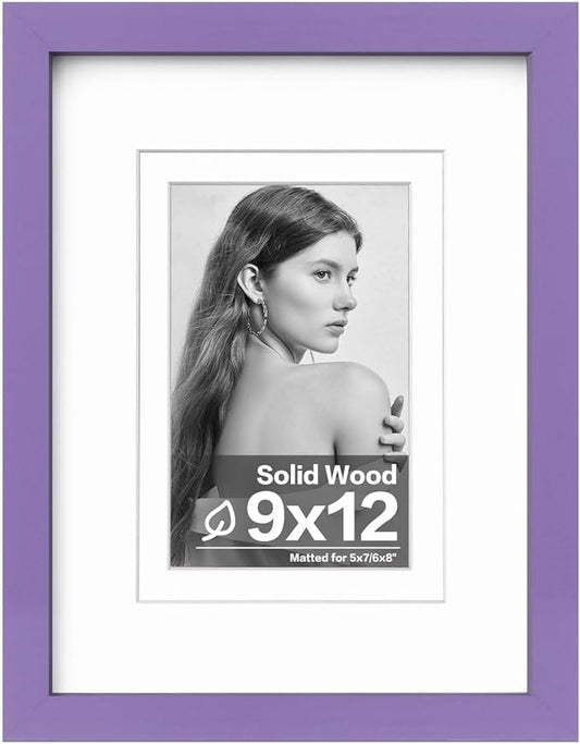 Egofine 9x12 Picture Frame Made of Solid Wood Covered by Plexiglass, Wood Frame for Pictures 5x7/6x8 with Mat or 9x12 without Mat, Tabletop and Wall Mounting Display, Purple