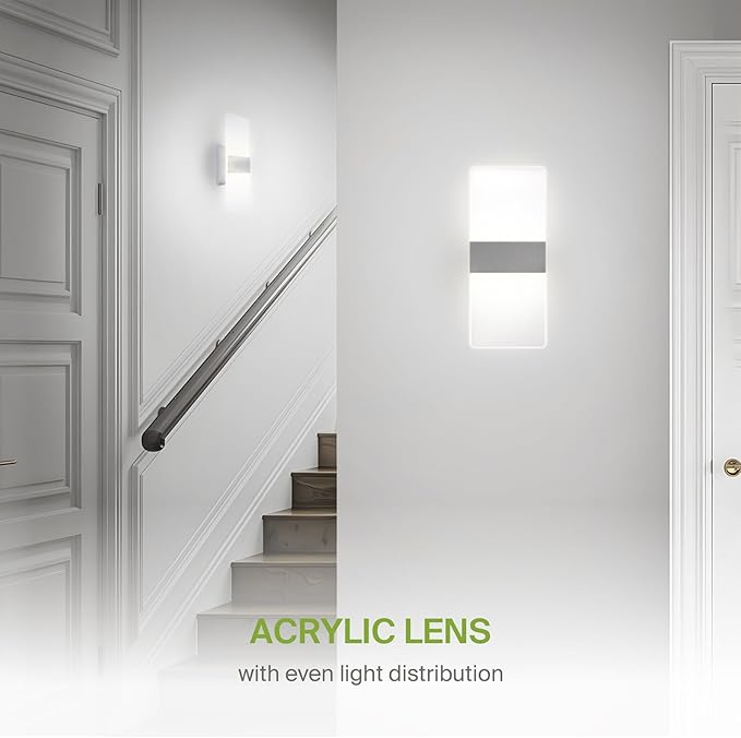 ASD 12 Inch LED Indoor Wall Sconce - Modern Interior 12W 2700K-5000K Adjustable Dimmable Wall Mounted Light Fixtures, Acrylic Glass Wall Lights for Stairway, Hallway - UL, Brushed Nickel, 2 Pack