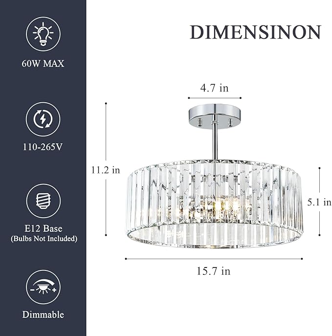 Crystal Chrome Ceiling Light, Modern Semi Flush Mount Ceiling Lighting Fixture, Round Hallway Lighting Fixtures Chandelier for Kitchen Entryway Bedroom Dining Room, 3-Light, 15.7 Inch