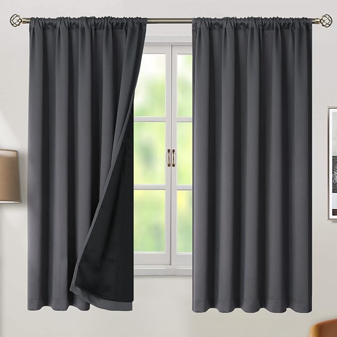BGment 100% Room Darkening Thermal Insulated Blackout Curtains 63 Inches Long for Bedroom, Rod Pocket and Back Tab Double Layer Noise Cancelling Curtain with Liner (52 x 63 Inch, 2 Panels, Dark Grey)