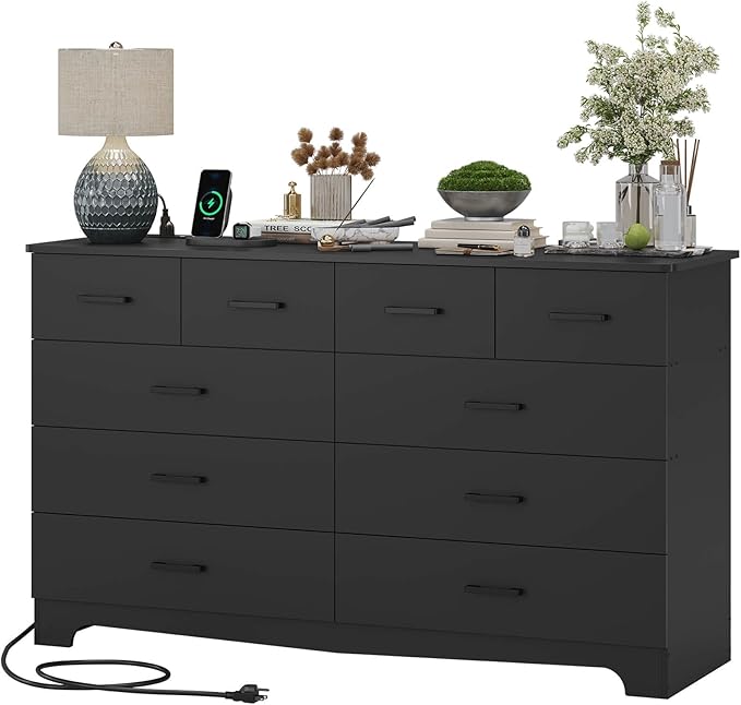 Hasuit 10 Drawer Dresser for Bedroom, Large Chest of Drawers with Charging Station, 55.1'' Wide Storage Clothes Closet Organizer, Long Dresser TV Stand for Living Room, Black