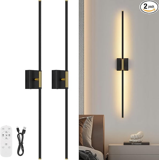 Battery Operated Wall Sconce Set of Two with Remote Control, 3000K-6000K Dimmable Black Gold Wall Lights, Timable LED Wireless Wall Sconces, 350° Ratate for Bathroom, Living Room, 39.4 Inch