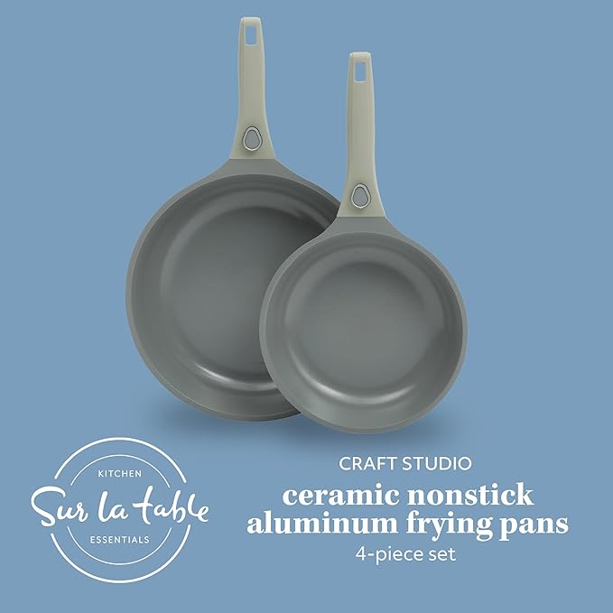 Sur La Table Kitchen Essentials Craft Studio Cast Aluminum Detachable Handle 8 and 10 Inch Skillet Fry Pan Set w/PFA Free Ceramic Non Stick Removable Handle Induction Safe - Juniper Green