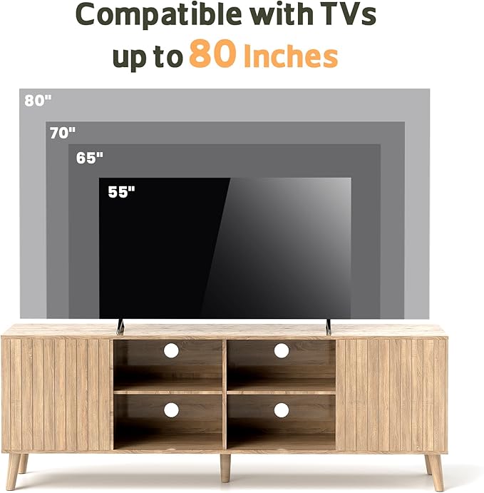 Mid-Century Modern TV-Stand - Fluted TV Stand for 80 75 65Inch TV, Entertainment Center with Storage, Media Console with Adjustable Shelves for Living Room, Oak