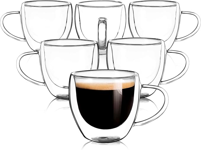 Clear Glass Double Wall Insulated Round Coffee Mugs Set of 6 Pieces - Small Size 5.5oz Best Reusable Coffee Mug for Home Cafe Restaurant Perfect for Espresso Capucinno Lungo Latte Coffee