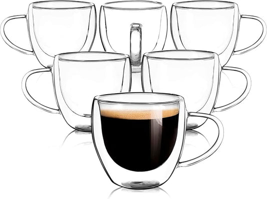 Clear Glass Double Wall Insulated Round Coffee Mugs Set of 6 Pieces - Small Size 5.5oz Best Reusable Coffee Mug for Home Cafe Restaurant Perfect for Espresso Capucinno Lungo Latte Coffee