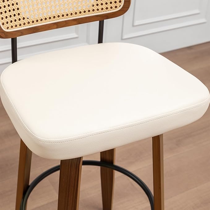 Bar Stools Set of 3 - 30 inch Rattan Swivel Bar Stools with Walnut Craftsmanship, Curved Rattan Back, Upholstered Seat, Mid Century Modern BarStools for Bar/ Pub/Island/Cafe (30" Seat Height, Beige)