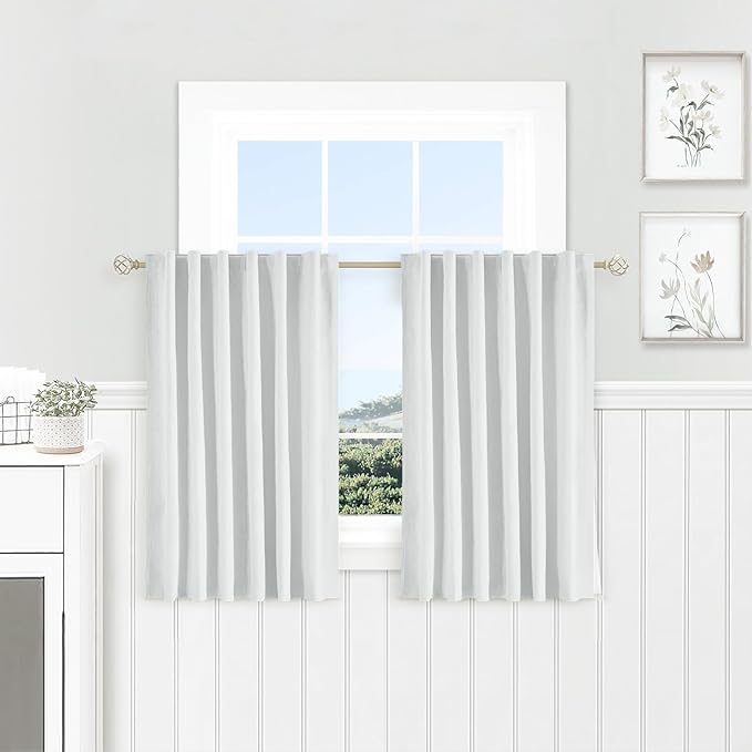 White Ivory Linen 100% Blackout Curtains 45 Inches Long 2 Panels Set for Kitchen Back Tab Thermal Insulated Black Out Linen Drapes Room Darkening Short Window Curtains 45 Inch Length