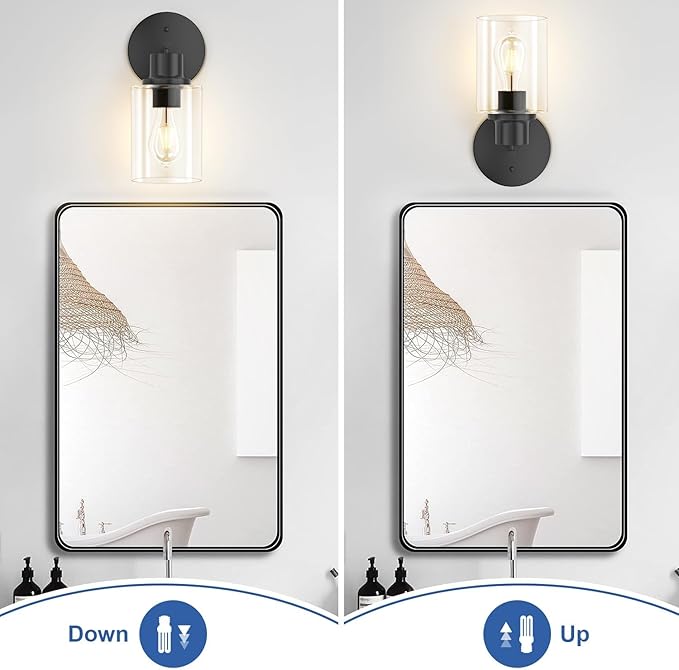 GORDNWE Set of 2 Bathroom Wall Sconce, Matte Black Vanity Light, Modern Wall Light Fixture with Clear Glass Shade and E26 Bulb Base, Wall Lamp Wall Mount Light Fixtures for Mirror, Bedroom