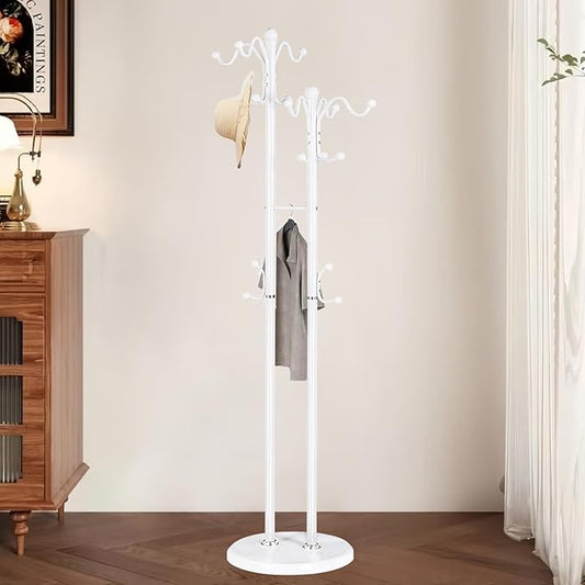 Metal Coat Rack with 17 Hooks, Double-pole Freestanding Coat Racks, Modern Coat Rack Stand and White Standing Coat Tree Holder Stand for Entryway