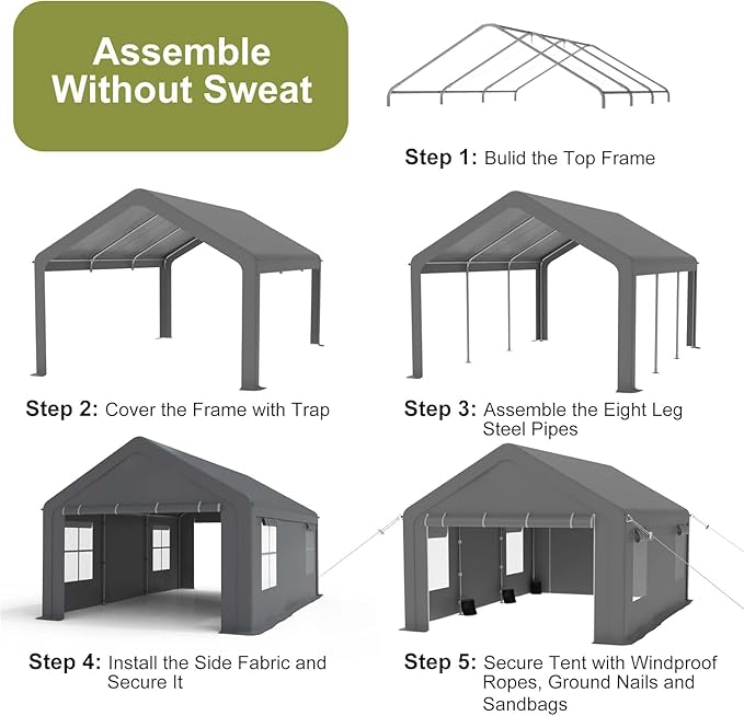 12x20ft Carport Heavy Duty, Portable Garage with 4 Doors + 4 Window, Upgraded Carport with Reinforced Steel Poles, Uv Resistant Waterproof Tarp for Car, Truck, Boat