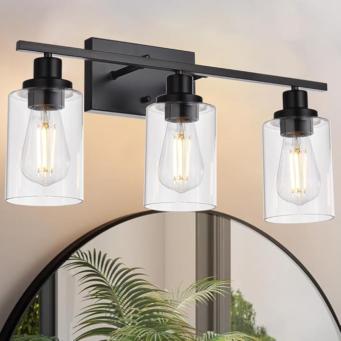 MELUCEE Bathroom Vanity Light Fixtures 24 Inches Length 3 Lights Wall Sconce Black with Clear Glass Shade for Bedroom Living Room Hallway Kitchen (Patent No.: US D963914 S)