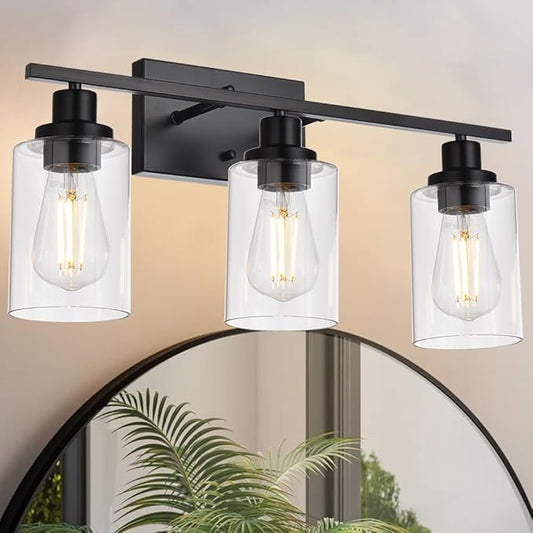 MELUCEE Bathroom Vanity Light Fixtures 24 Inches Length 3 Lights Wall Sconce Black with Clear Glass Shade for Bedroom Living Room Hallway Kitchen (Patent No.: US D963914 S)