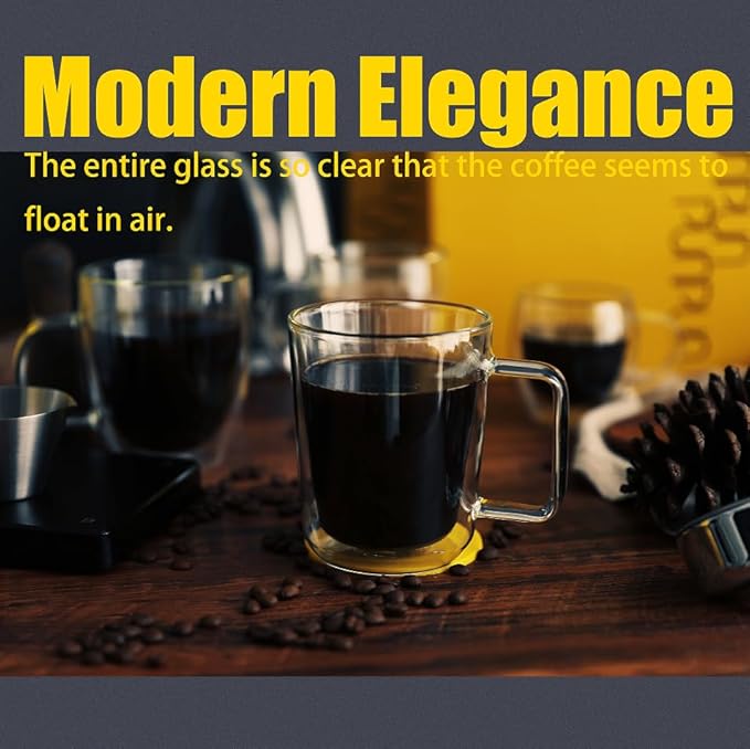 PunPun 16oz.480ml Clear Glass Mugs Large Coffee Mugs, Jumbo Insulated Double Wall Glasses, Premium Glasses Set with Big Handle, Iced Coffee Cup Set of 2