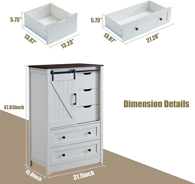 White Dresser for Bedroom with 5 Drawers, 48" Tall w/Sliding Barn Door, Farmhouse 5 Chest of Drawers for Bedroom, Hallway, Living Room, Dining Room, Antique White