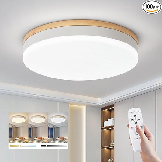 Modern Dimmable White Ceiling Lights with Remote, 11.8in Wood Flush Mount Ceiling Light Fixtures, 24W 3000K-6000K Color Adjustable, 2200LM Round Ceiling Lamp for Bedroom, Kitchen, Hallway