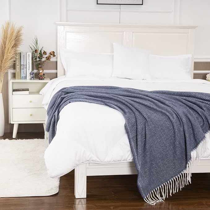 Gealaek Decorative Herringbone Faux Cashmere Throw Blanket Navy Blue Cheveron Fringe Lightweight Fuzzy Soft Cozy Throws for Sofa Bed Farmhouse Throw Blanket 50" x 60"