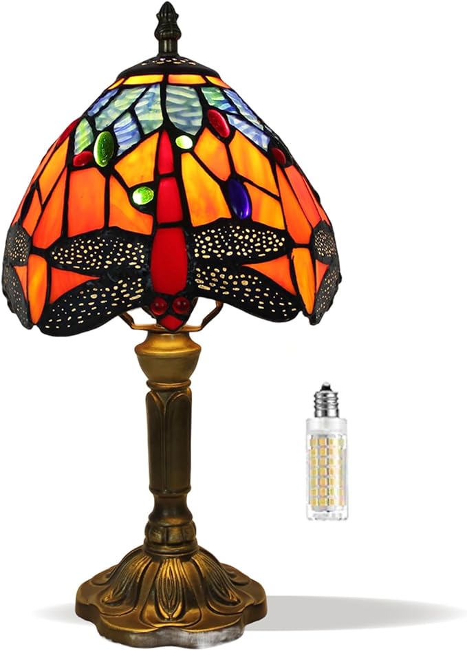 8 inch Dragonfly Tiffany Style Table lamp Vintage Small Blue Orange Stained Glass Shade Light Home livingroom Bedroom Bedside Light Desk Decor Decoration 14.6" Tall