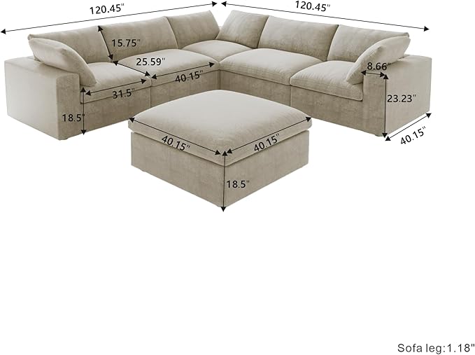 JACH V Shape Couch Sectional for Living Room, Deep 5-Seats Modular Convertible Sofa, Couch Cushion Covers Removable, Cloud Sofas with Chaise Ottoman for Living Room, Apartment (Khaki)