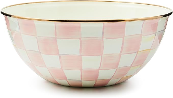 MACKENZIE-CHILDS Enamel Everyday Bowl, Serving Bowl for Entertaining, Large, Pink-and-White Rosy Check, Set of 1