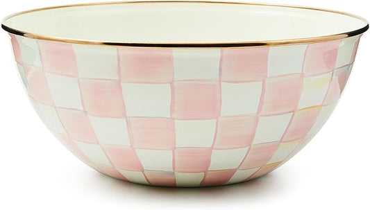MACKENZIE-CHILDS Enamel Everyday Bowl, Serving Bowl for Entertaining, Large, Pink-and-White Rosy Check, Set of 1