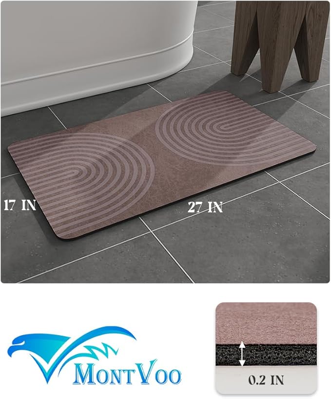 MontVoo -Bath Mat-Non Slip Thin Bathroom Rugs Fit Under Door- Quick Dry Absorbent Faux Suede Surface Grey Bathroom Floor Mats-Shower Rug for in Front of Bathtub Shower Brown Arched 17x27.5