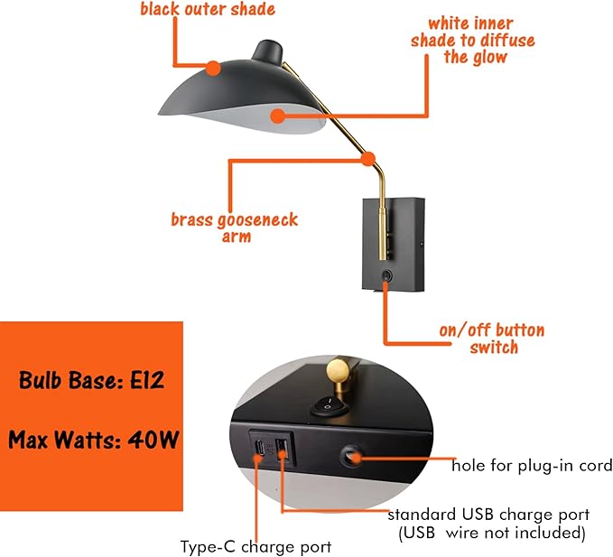 CLAXY Plug in Wall Sconce Swing Arm Bedroom Wall Light Matte Black with USB Charge Port-Set of 2, Plug in or Hardwired Wall Mounted Lights