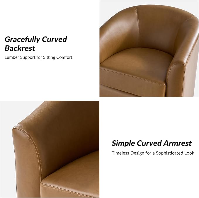 HULALA HOME Faux Leather Swivel Accent Chair with Solid Wood Base, Round Swivel Barrel Chair for Living Room and Bedroom, Camel