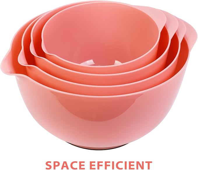 BoxedHome 4 Quart Large Plastic Mixing Bowls, Microwave Safe Mixing Bowl Set with Pour Spout, Nesting Bowls for Space Saving Storage(Candlelight Peach)