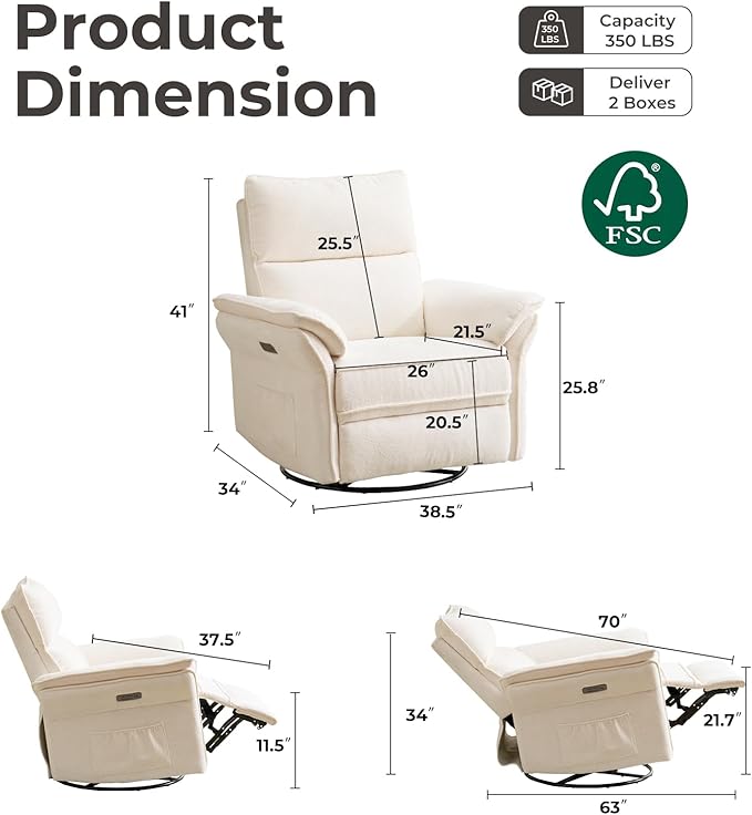 Oversized Power Recliner Chairs for Adults with Massage and Heat, Power Swivel Rocker Recliner Chair with Adjustable Headrest, 26" Extra Wide Rocker Nursery Recliner with USB Port, White