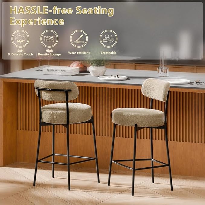 DYHOME Bar Stools Set of 3, 24 Inches Modern Counter Height Bar Stools with Curved Back Metal Legs, Beige Upholstered Boucle Barstools for Kitchen Island, Cafe