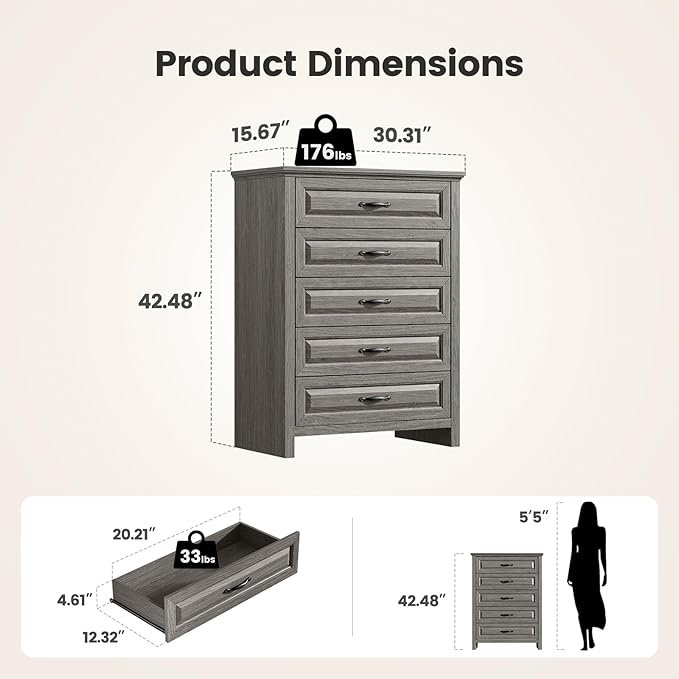 Amada 5 Farmhouse Dresser for Bedroom with Wood Drawers, Anti-Tip Design for Safety and Stability, Large Drawers, Rustic Farmhouse Chest of Drawers for Bedroom, Hallway, Gray