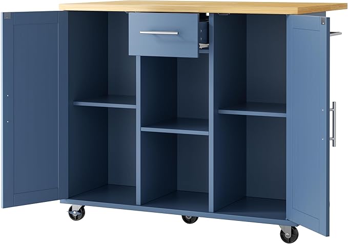 JY QAQA 42" Kitchen Island with Storage on Wheels, Rolling Table with Drop Leaf, Drawers, Cart Handle for Towel Rack or Free Movement, Blue