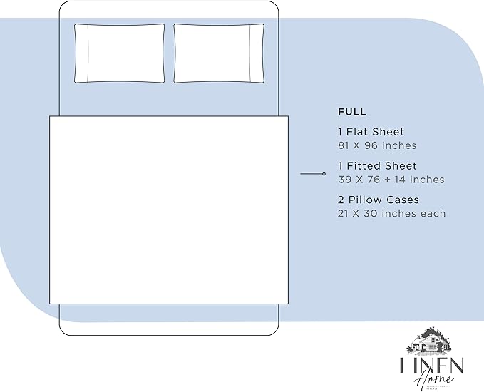 Linen Home 100% Cotton Percale Sheets Full Size, Baby Blue, Deep Pocket, 4 Pieces Set - 1 Flat, 1 Deep Pocket Fitted Sheet and 2 Pillowcases, Crisp Cool and Strong Bed Linen