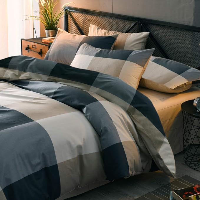 mixinni King Comforter Set Men Boys Geometric Checkered Plaid Printed Bedding Comforter for All Season Soft Lightweight Bedding Set-King Size