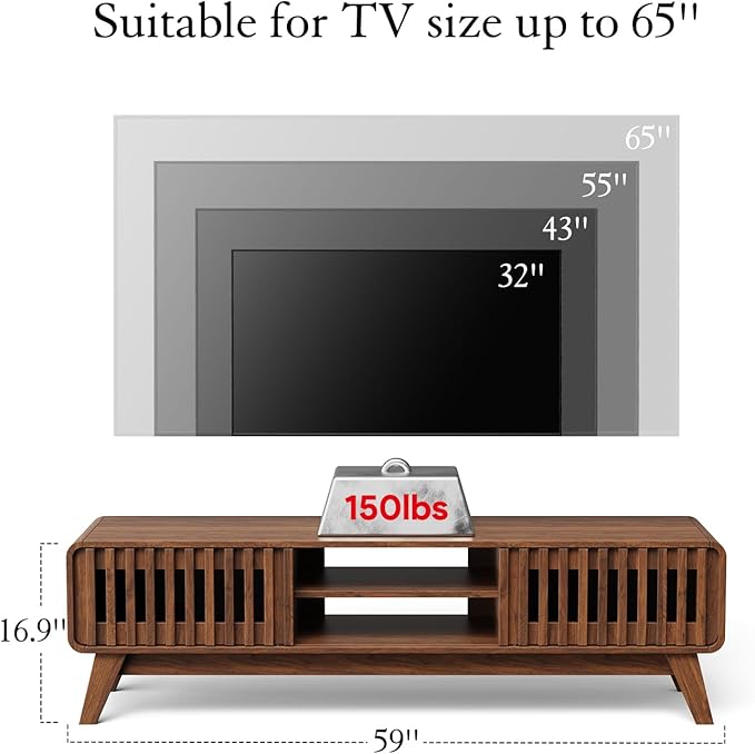 TV Stand 59" Mid-Century Modern Television Stand for 55/60/65 inch TV, Wood Entertainment Center with Storage, TV and Media Console for Living Room, Bedroom, Office (Walnut)