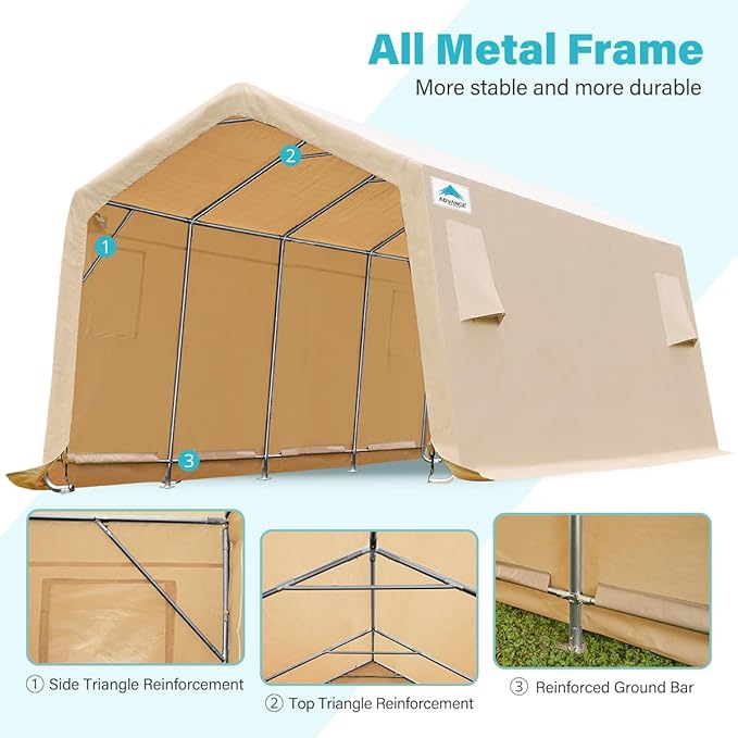 ADVANCE OUTDOOR Heavy Duty Carport 10X20 ft Outdoor Patio Portable Canopy Storage Shelter Shed with 2 Rolled up Zipper Doors & Vents for Snowmobile Garden Tools, Beige