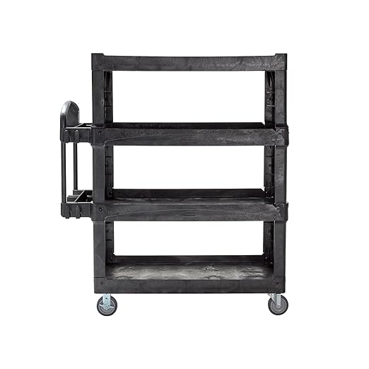 New Rubbermaid Commercial Products 4-Shelf Utility/Service Quad Cart, Heavy Duty Large, Lipped Shelf, Ergonomic Handle, 700 lbs. Capacity, for Warehouse/Garage/Cleaning/Manufacturing (2128657) Black