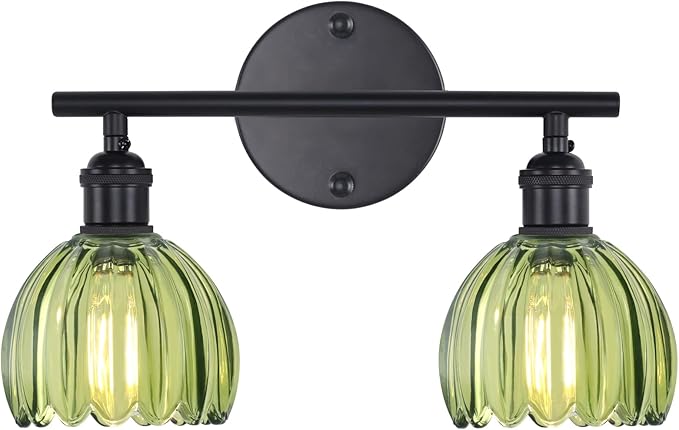 Bathroom Light Fixtures, 2-Light Black Vanity Wall Light Over Mirror with Green Tulip Glass Shade for Bedroom Living Room