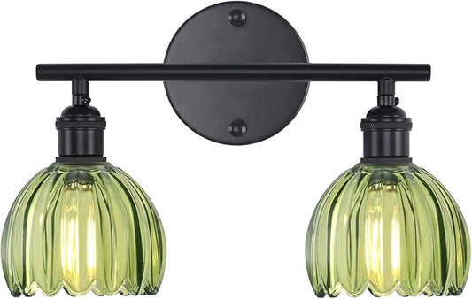 Bathroom Light Fixtures, 2-Light Black Vanity Wall Light Over Mirror with Green Tulip Glass Shade for Bedroom Living Room