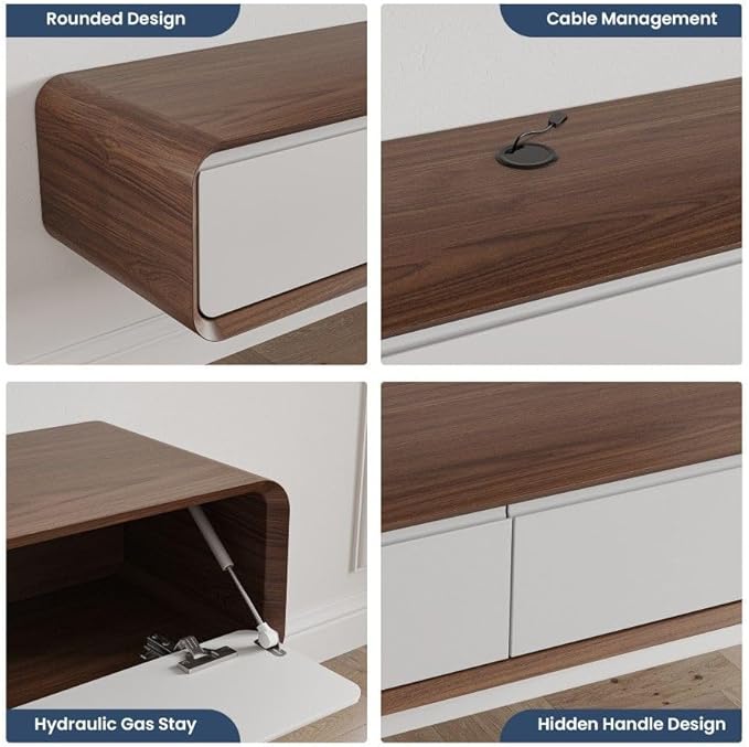 POVISON Fully-Assembled 63" Minimalist Floating TV Stand with LED Lights, Modern Wall-Mounted Media Console with 3 Flip-Down Cabinet Doors for 55 Inch TV