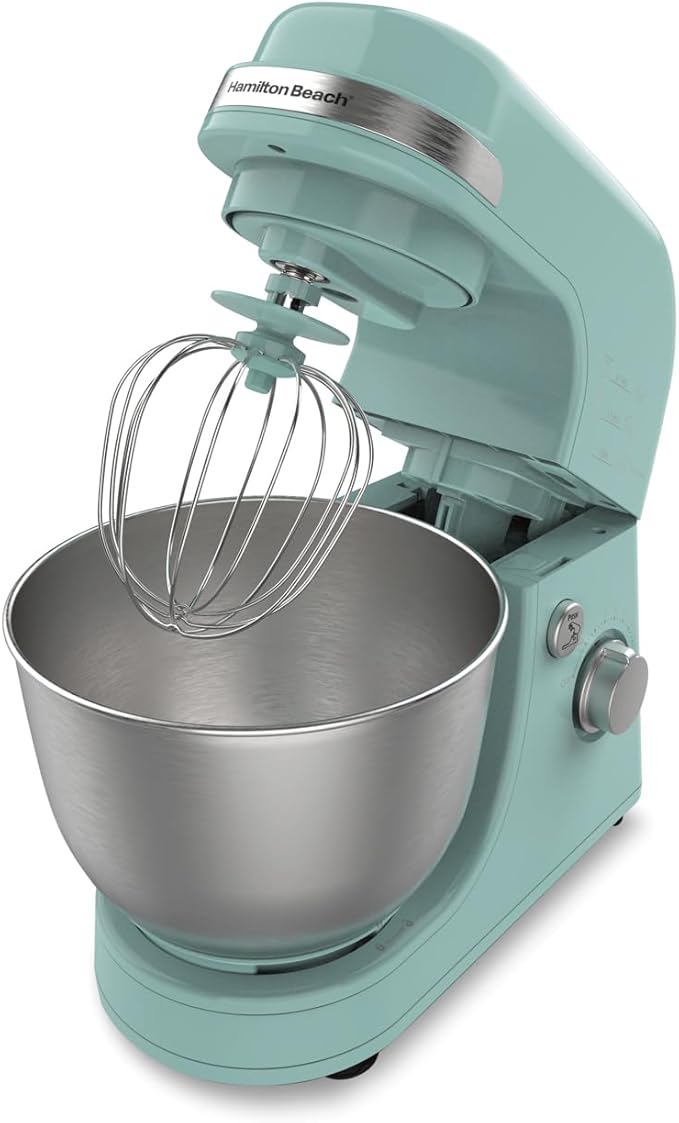 Hamilton Beach Electric Stand Mixer, 4 Quarts, Dough Hook, Flat Beater Attachments, Splash Guard 7 Speeds with Whisk, Aqua