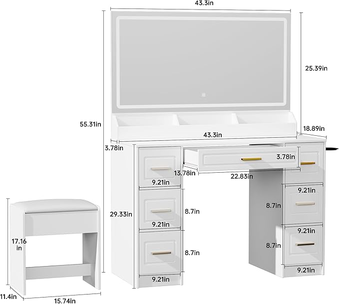 Vanity Desk with Mirror and LED Lights, 43'' W Makeup Vanity Desk with Power Outlet, 3 Color Modes, 7 Drawers Vanity Table with Chair, Dressing Table for Bedroom, Dressing Room