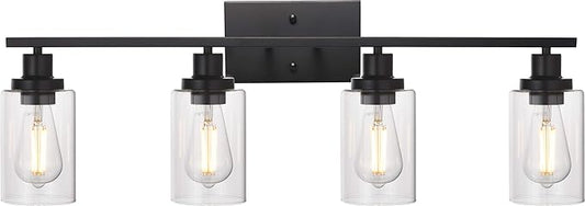 MELUCEE 4 Lights Sconces Wall Lighting Black with Clear Glass Shade, Industrial Bathroom Light Fixtures Vanity Lights Porch Light Fixtures Wall Mount (Patent No.: US D963914 S)