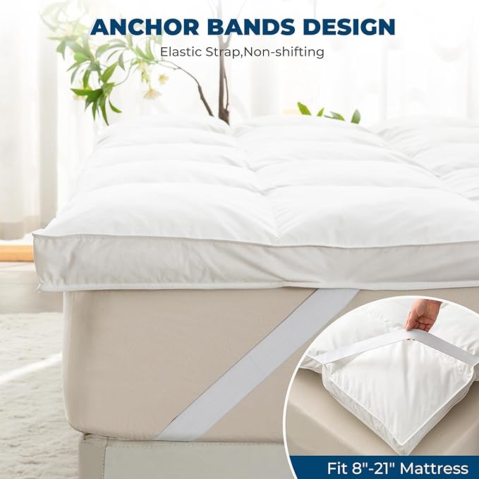 Down Feather Bed Mattress Topper, Twin/Twin XL Down Mattress Protector Cover for College Dorm with Straps, Plush Soft Fluffy Baffled Pillowtop Featherbed Cooling Pad Luxury (39x80 inch)